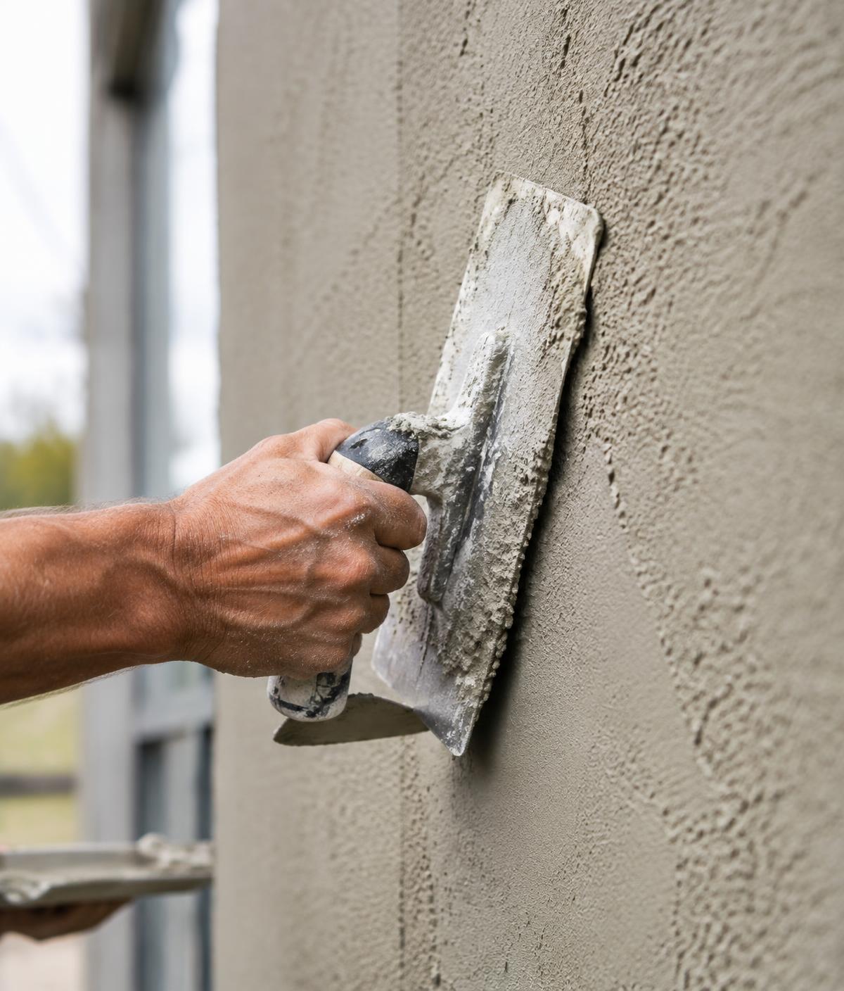 Plasterer applying stucco with a trowel