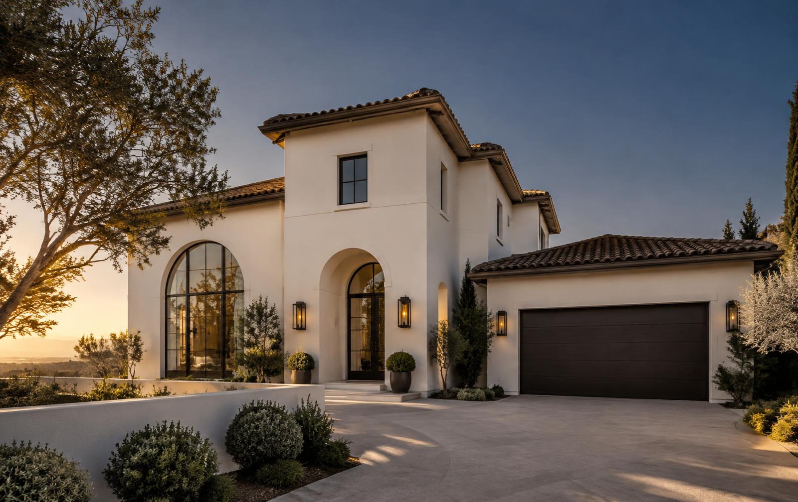 Finished full-home re-stucco exterior at golden hour